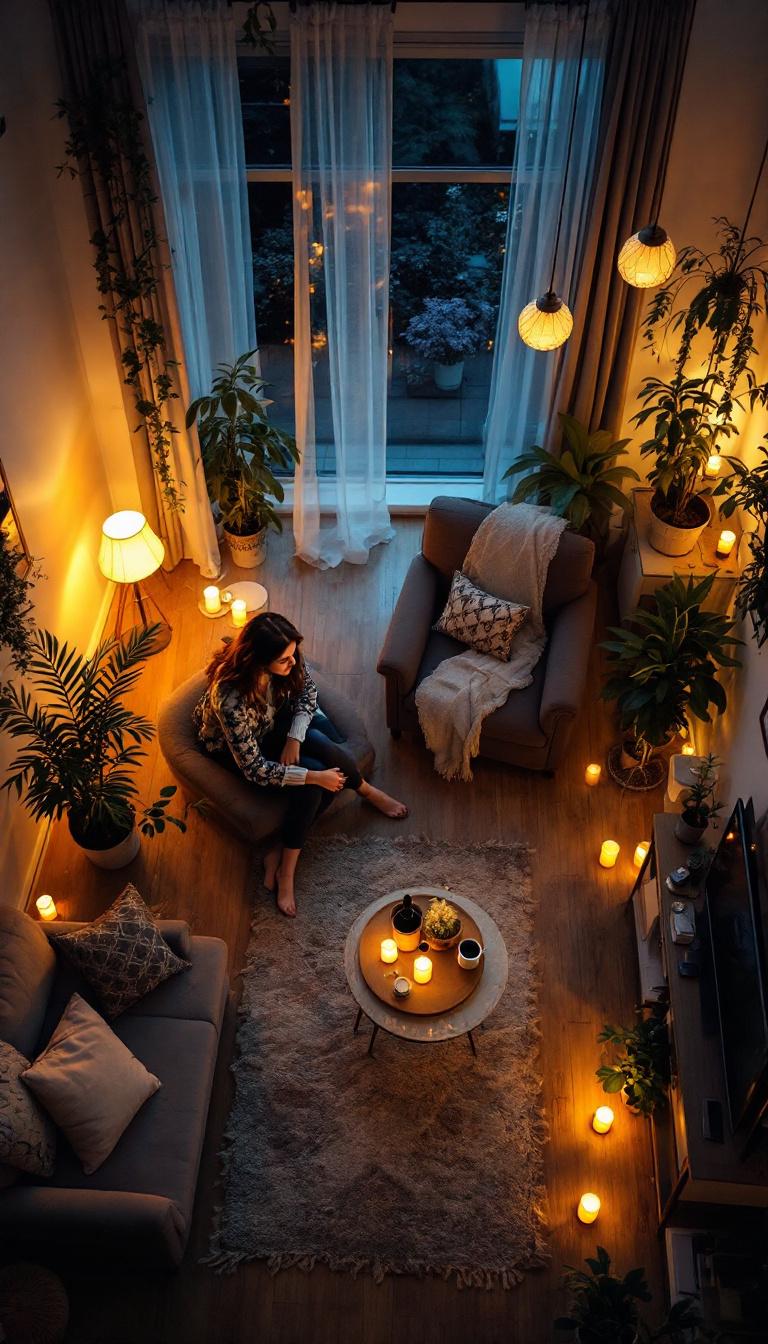 Warmly lit apartment interior at night